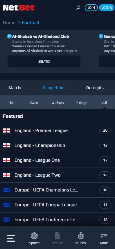 Netbet sports betting markets