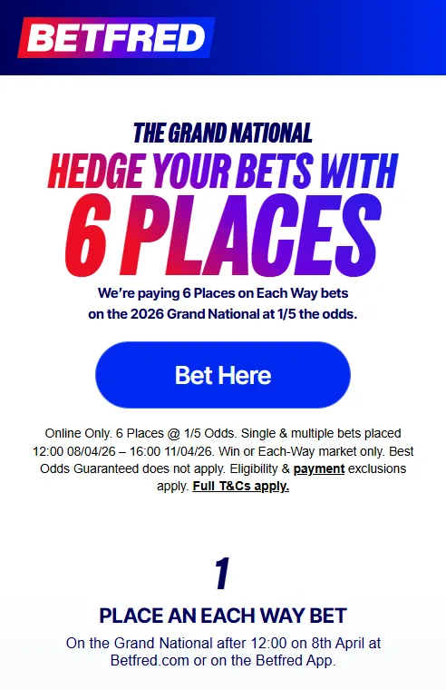 Betfred Grand National offer (2026): Get 6 places each-way on the National