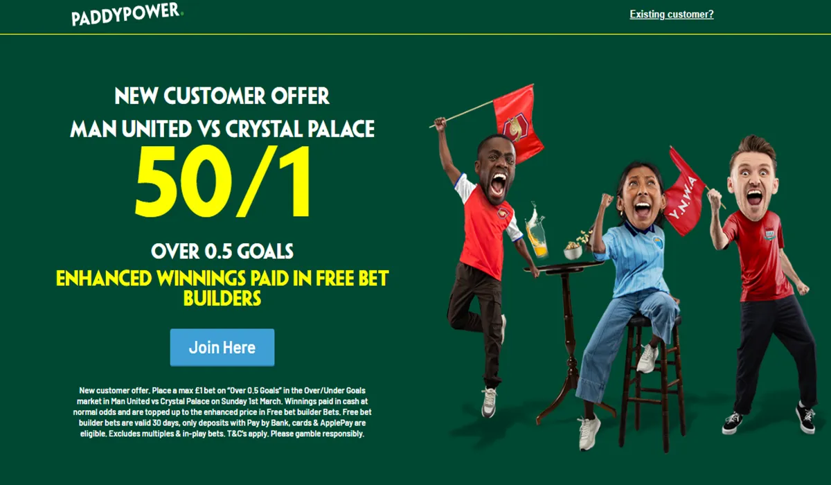 Paddy Power promo offer for Man Utd vs Crystal Palace