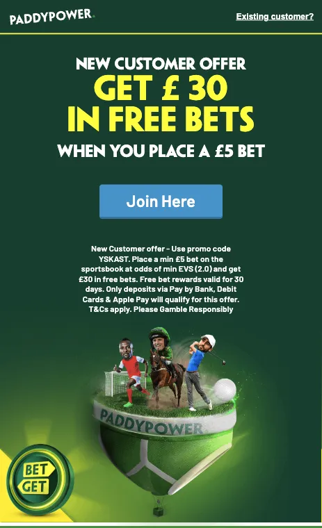 Paddy Power new customer offer on mobile: get £30 in free bets when you place a £5 bet