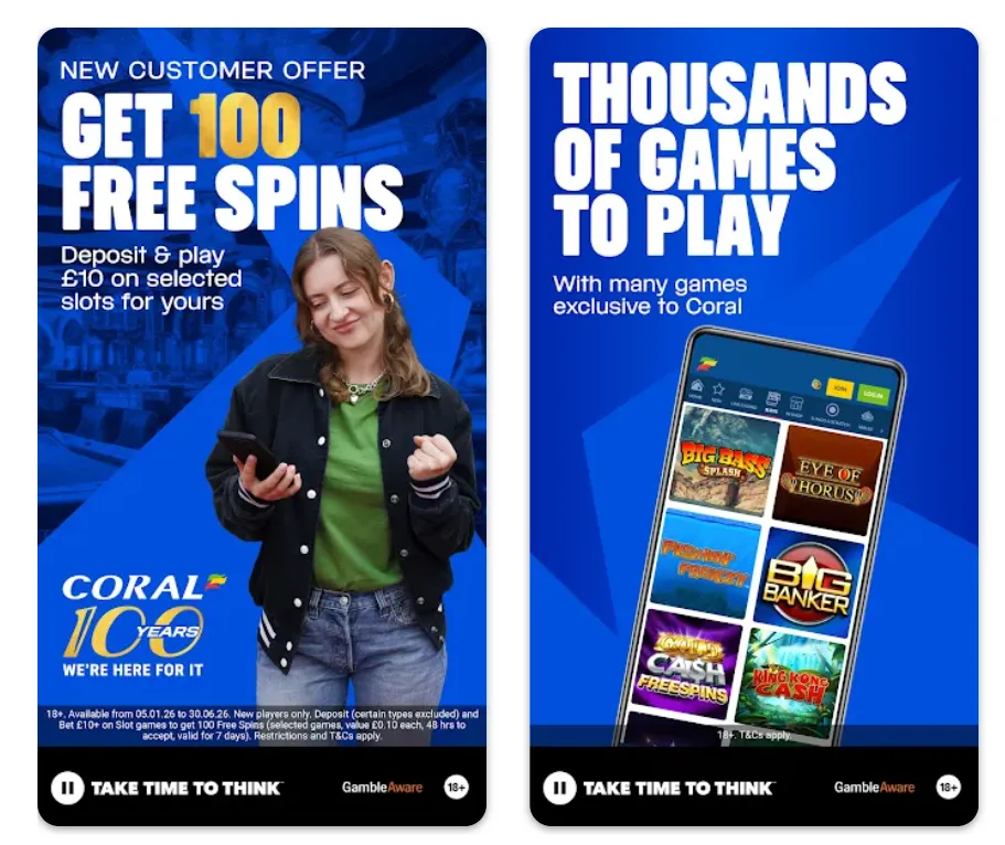 Coral casino android app - new customer offer of 100 free spins and thousands of games to play including exclusives