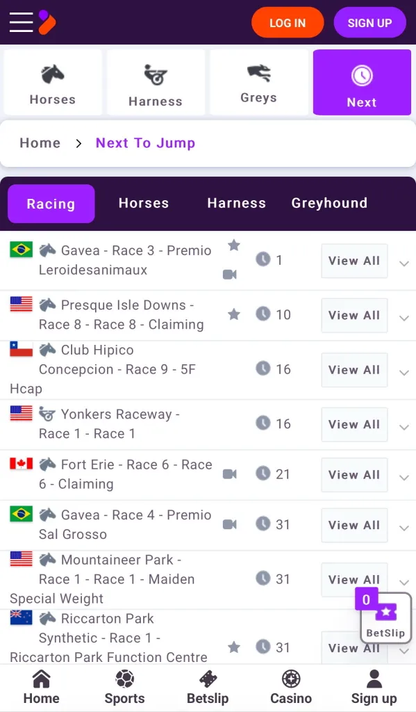 TonyBet horsebook menu