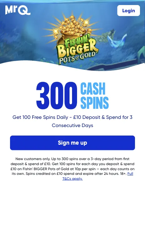 MrQ Casino welcome offer of up to 300 free spins over 3 days