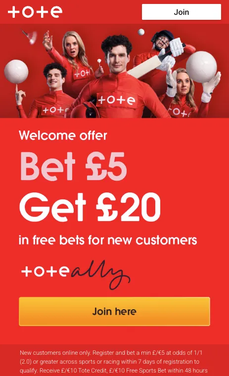Tote welcome offer on mobile: bet £5, get £20 in free bets