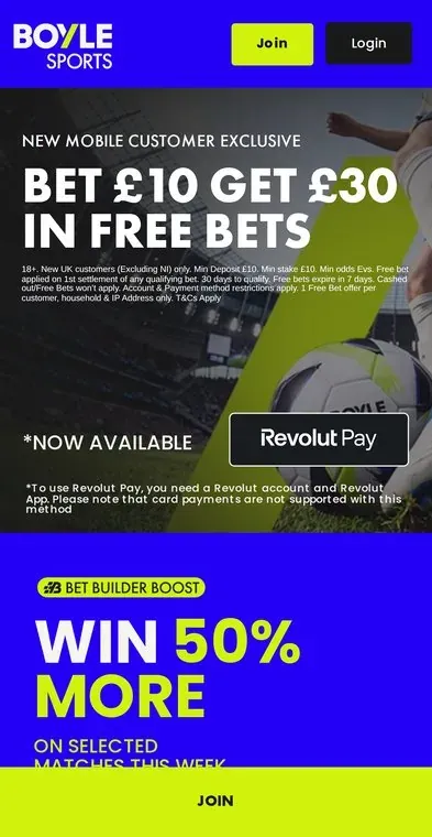 BOYLE Sports sign up offer: bet £10, get £30 in free bets