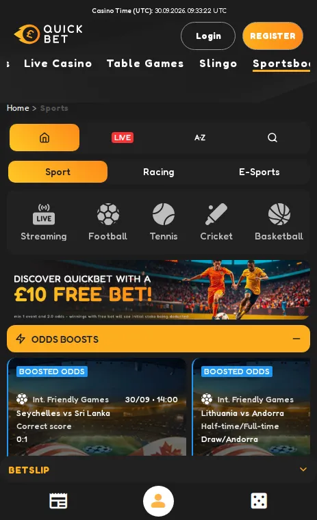 Quickbet sportsbook on mobile with its £10 free bet banner