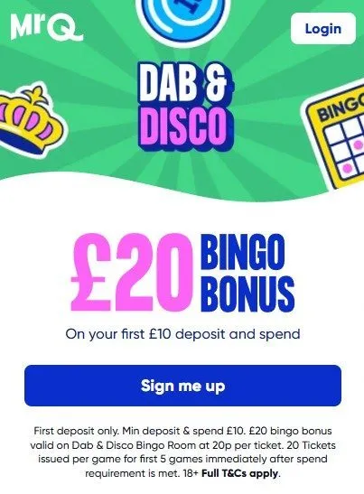 Mrq bingo welcome bonus: get £20 bingo bonus when you play £10