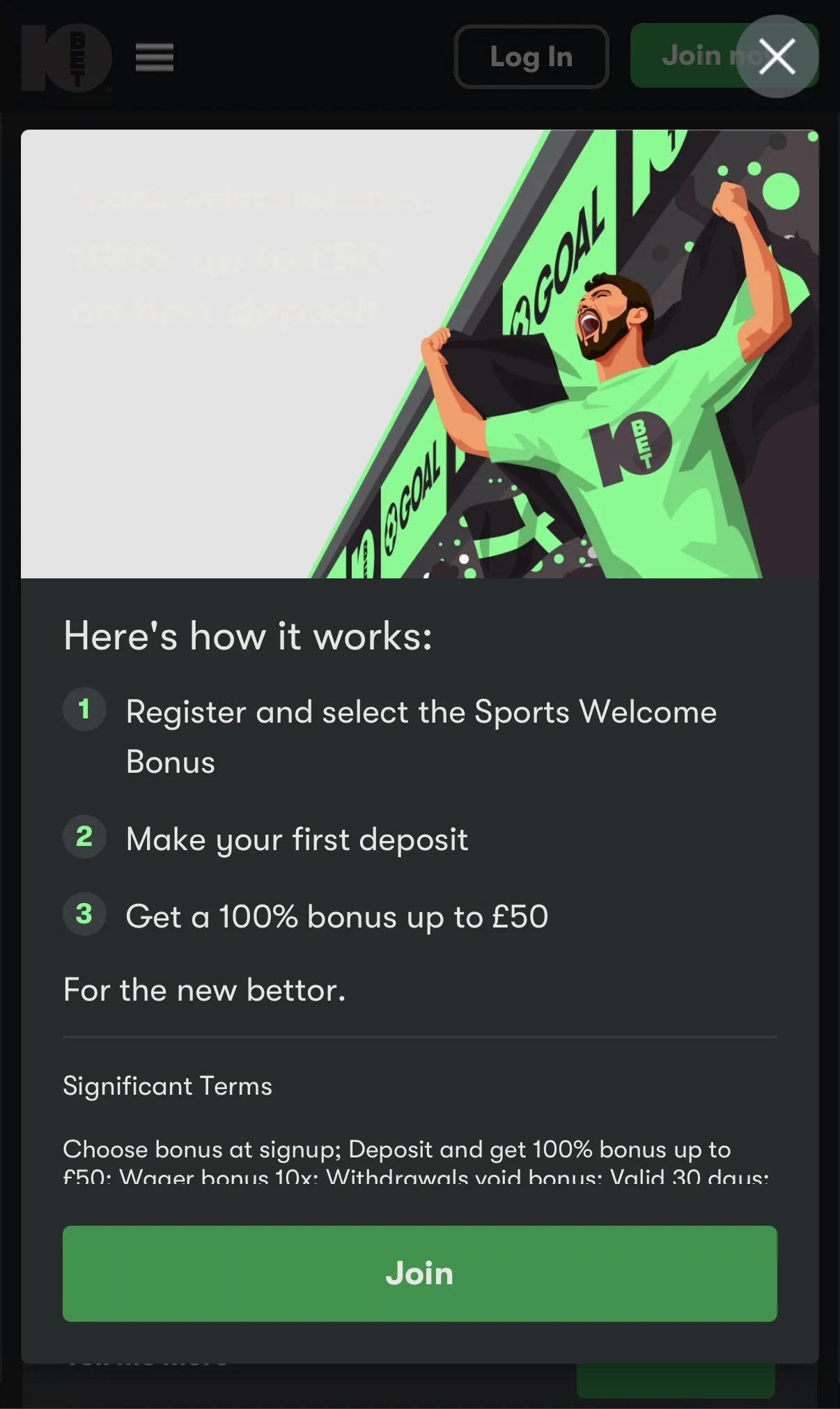 10bet deposit match offer 100% up to 50