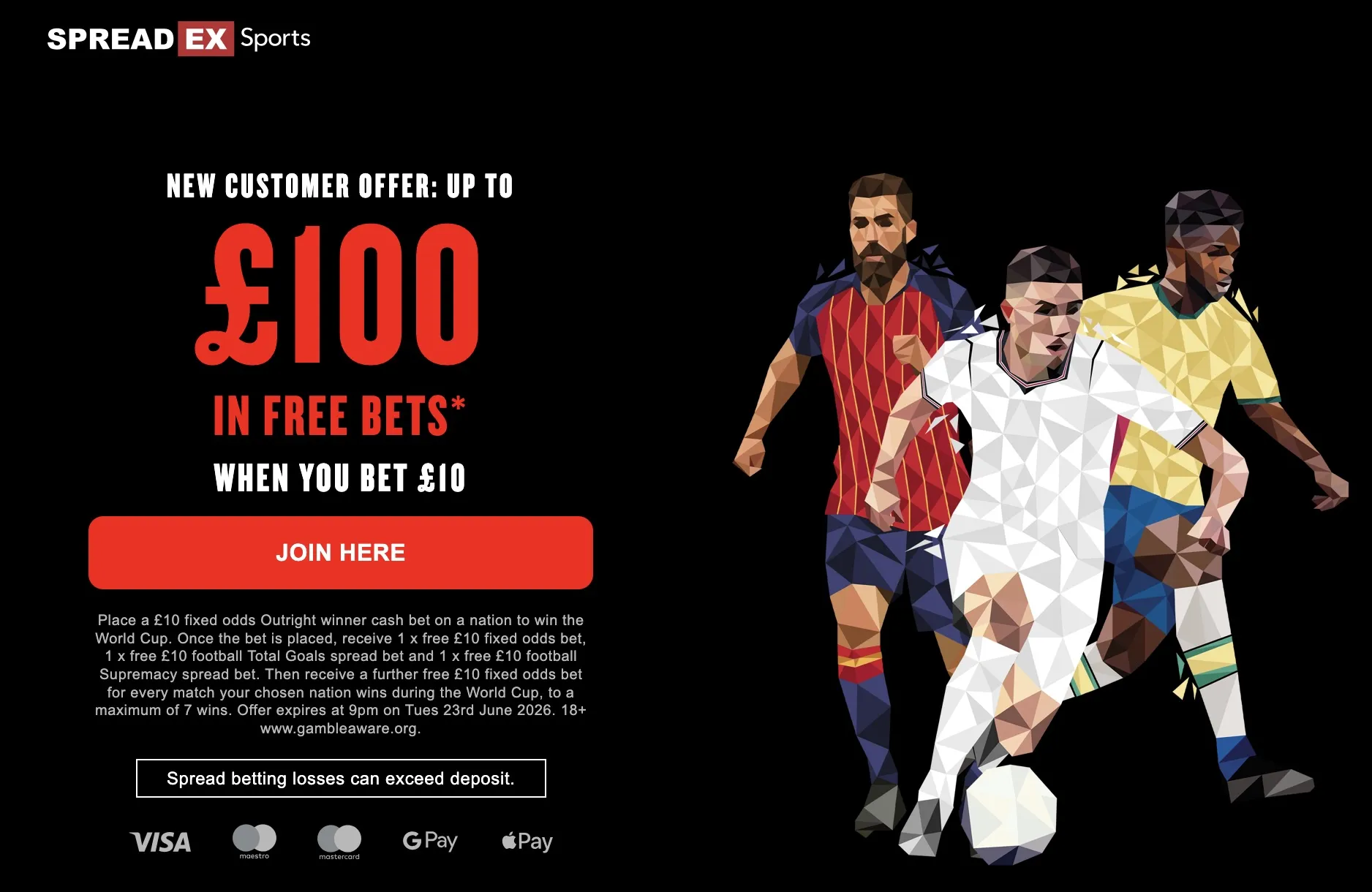 Spread Ex Sports welcome offer - 100 in free bets
