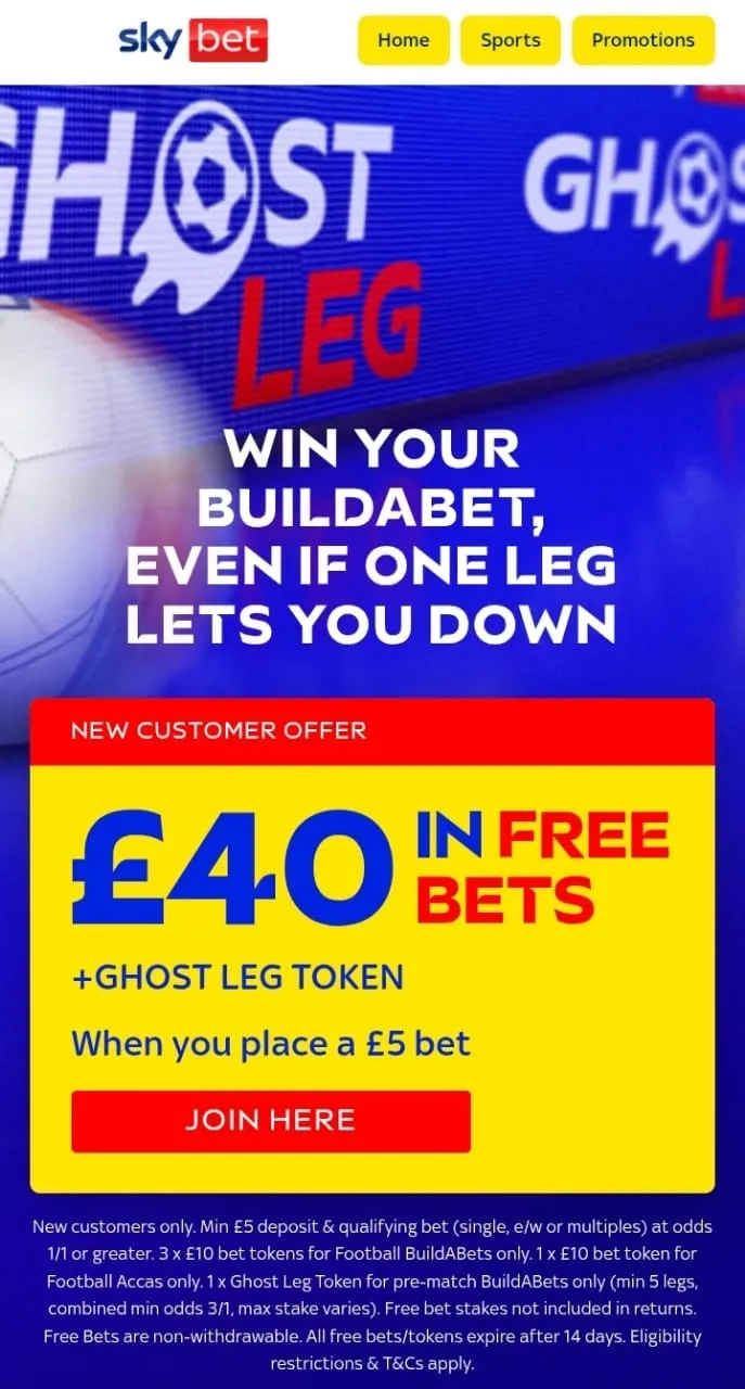 Sky Bet offer – £40 free bets + Ghost Leg Token