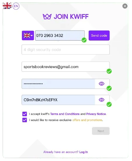Kwiff registration