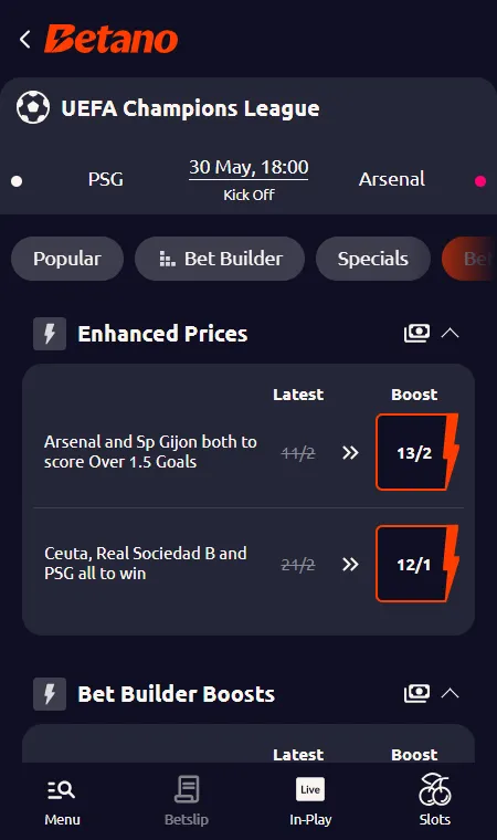 Betano Champions League enhanced odds