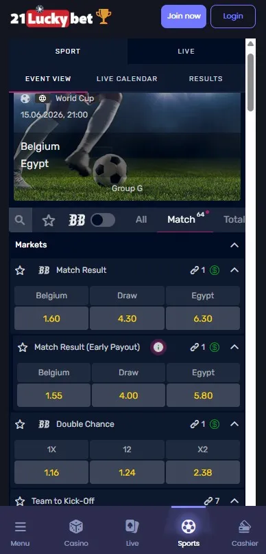 21luckybet world cup markets and match result odds