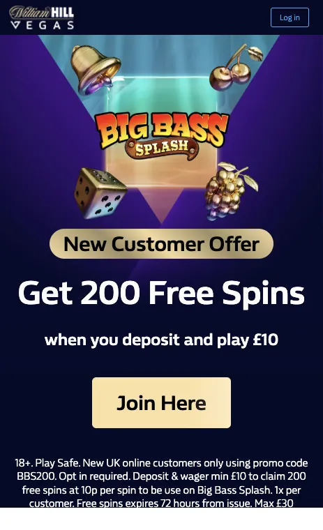 William Hill Casino welcome offer of 200 free spins