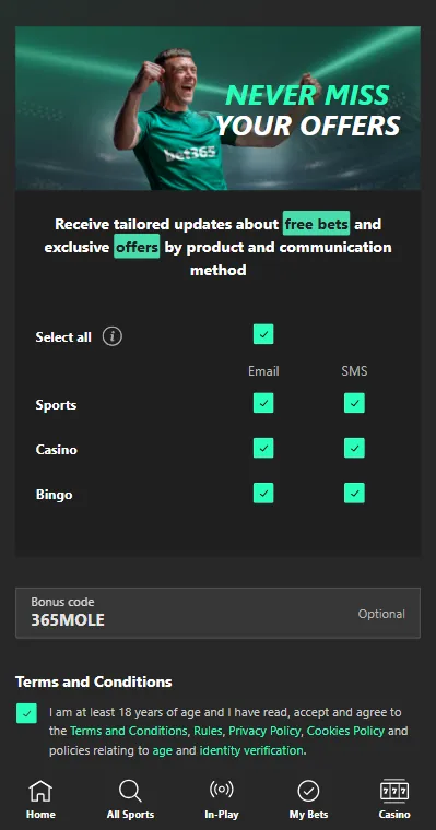 bet365 bonus code 365MOLE - Bet £10 & get £30 in free bets