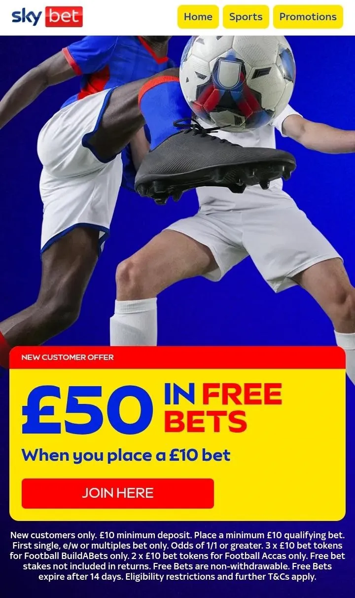 Skybet welcome offer, claim a welcome bonus worth up to £50 in free bets.