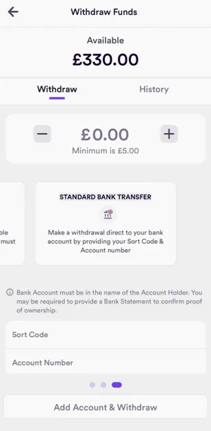 dabble uk withdrawals via bank transfer: minimum £5
