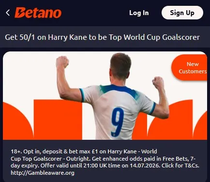 betano world cup offer: 50/1 on harry kane to be world cup top scorer