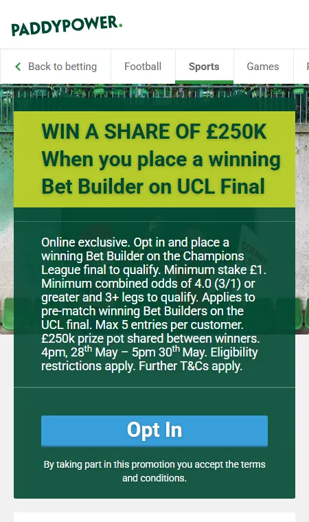 Paddy power £250K - Bet Builder prize pot