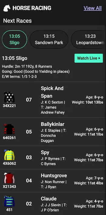 Horse racing odds at Grosvenor