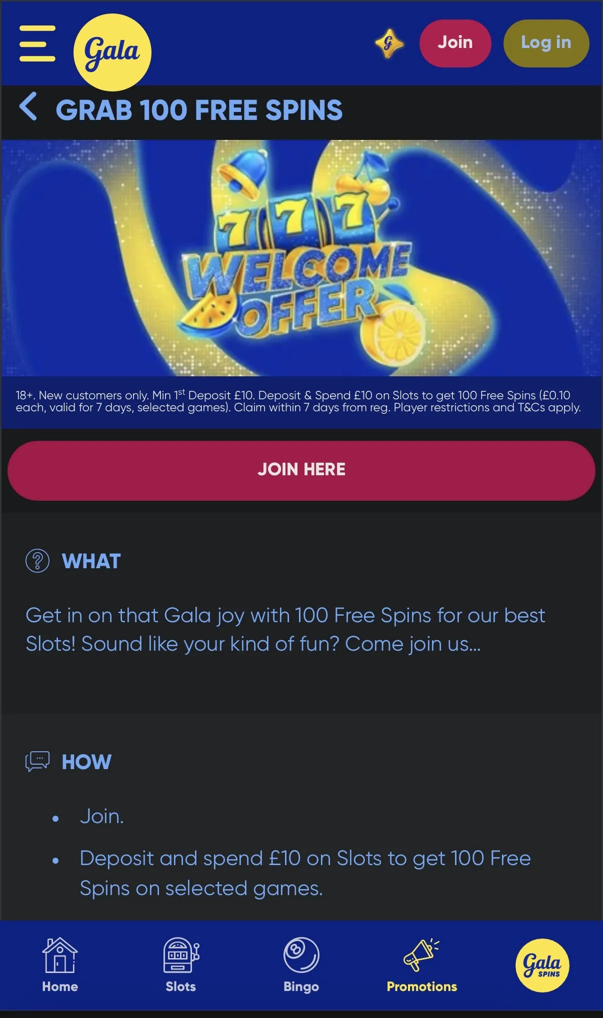 Gala spins 100 free spins welcome offer
