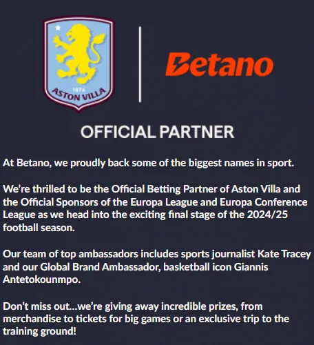 Betano  Aston Villa partnership and review UK