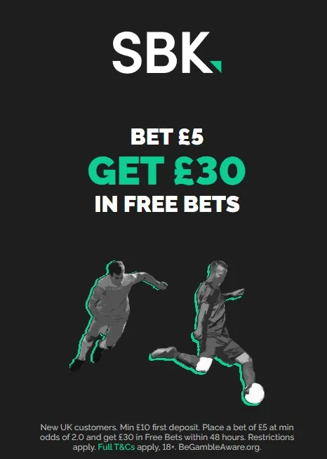 SBK sports betting welcome offer for new customers: Get £30 in free bets when you place a £5 bet