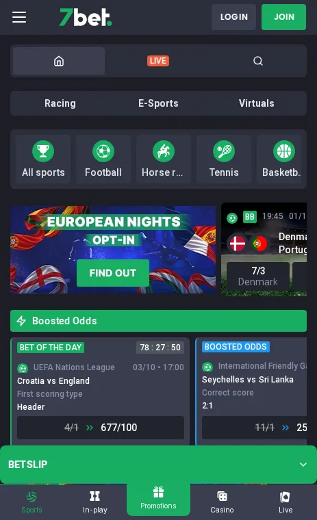 7bet sportsbook home screen on mobile with boosted odds