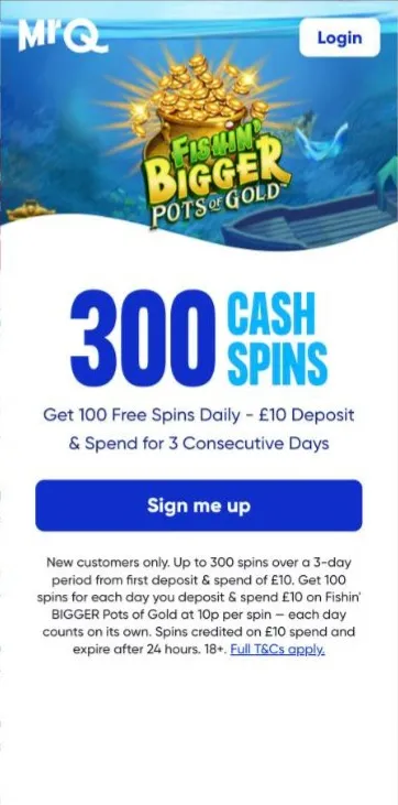 MrQ promo code 300POTS offer page: get up to 300 free spins, 100 a day for 3 days, with no wagering