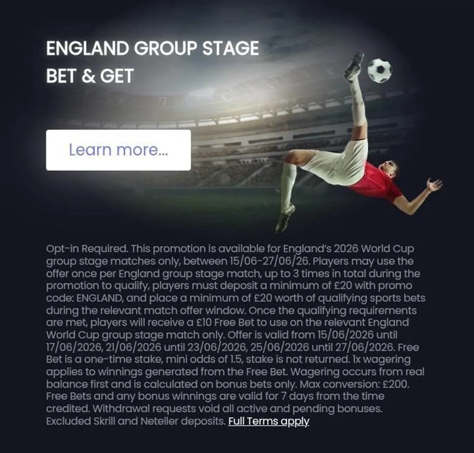 21luckybet world cup bet & get offer: Engand group stage promotion for existing customer