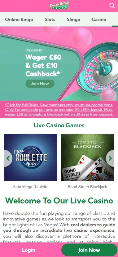 Double Bubble Bingo live casino signup offer: Stake £50, get £10 cashback