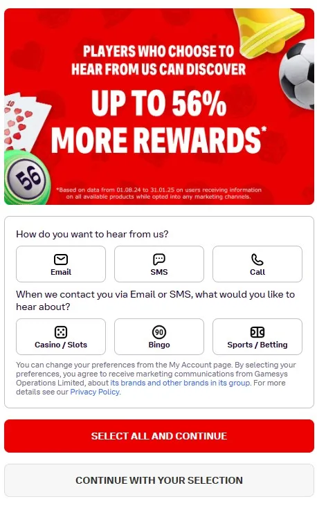 Bally Bet notifications and update settings during registration: Up to 56% more rewards