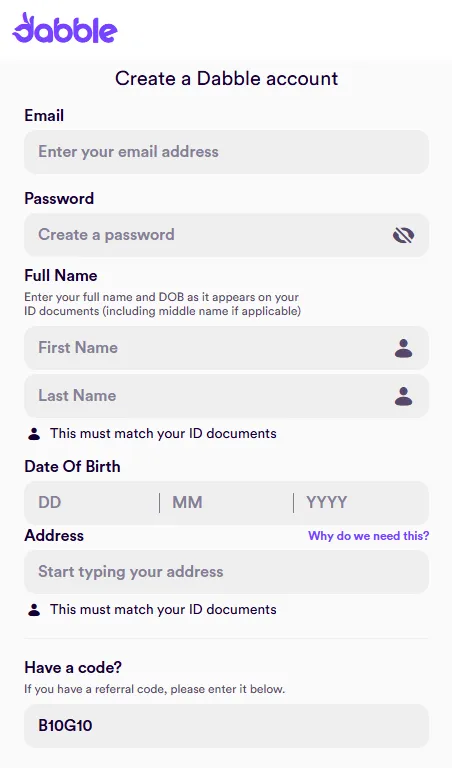 Dabble sign up form and promo code field.