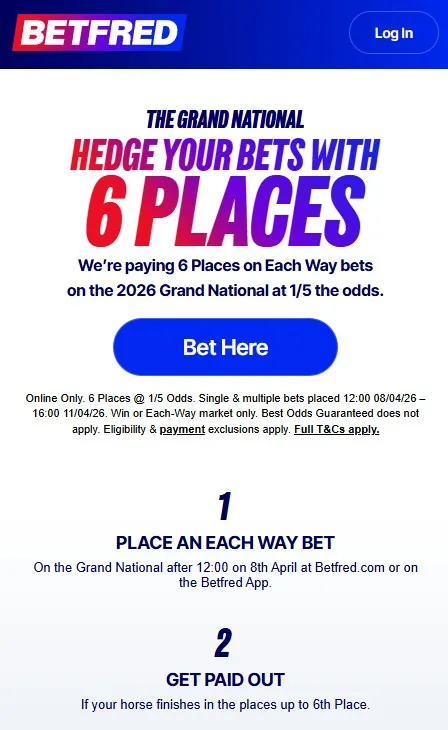 Best Grand National betting offers 2026: Betfred 6 Places on Each Way bets at 1/5 the odds.