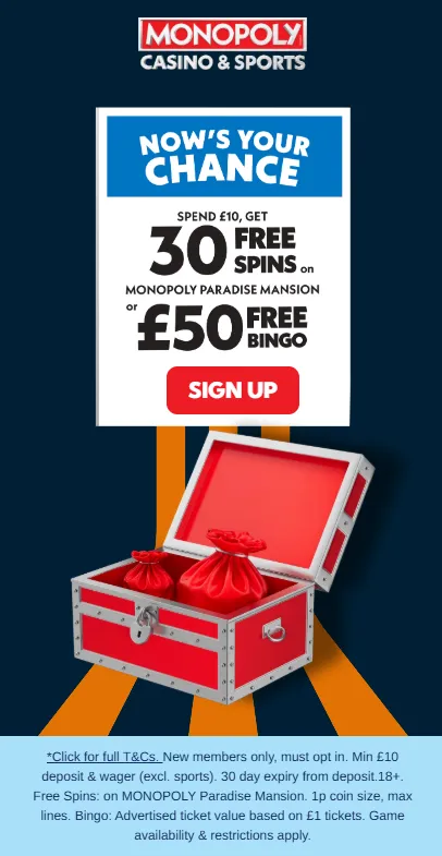 Monopoly casino promo code: Get 30 free spins or £50 free bingo