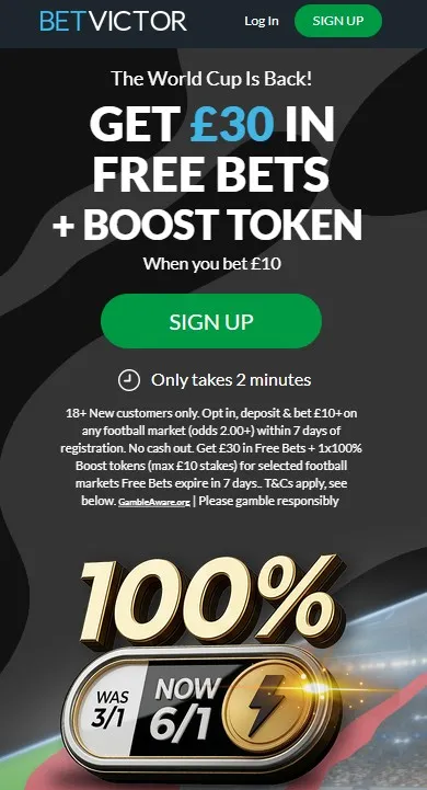 betvictor sign up offer: bet £10 get £30 in free bets plus 100% boost token