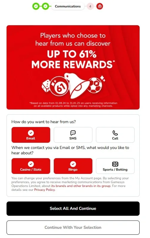 virgin games communication setting: subscribe for special rewards