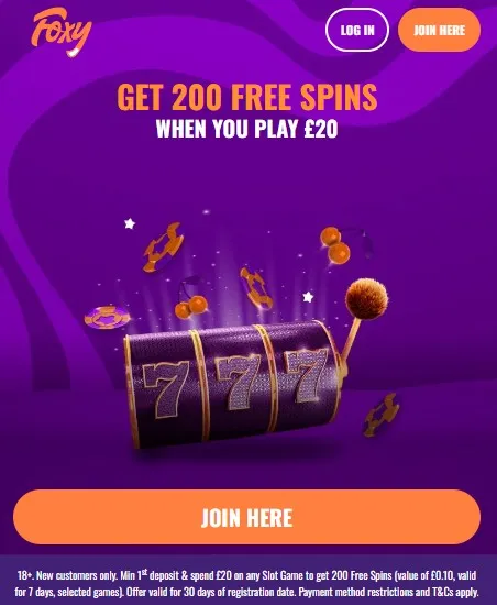 Foxybingo casino welcome offer: Get 200 free spins when you play £20