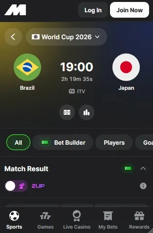 midnite 2up and bet builder features, world cup 2026, Brazil vs Japan