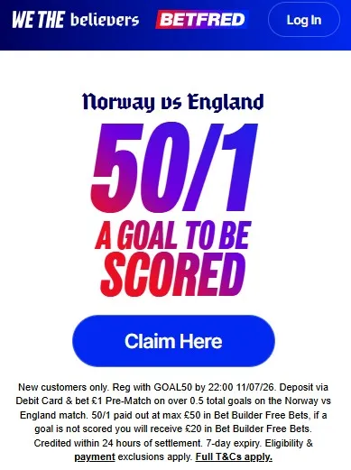 norway vs england 50/1 a gola to be scored: Betfred boosted world cup offer