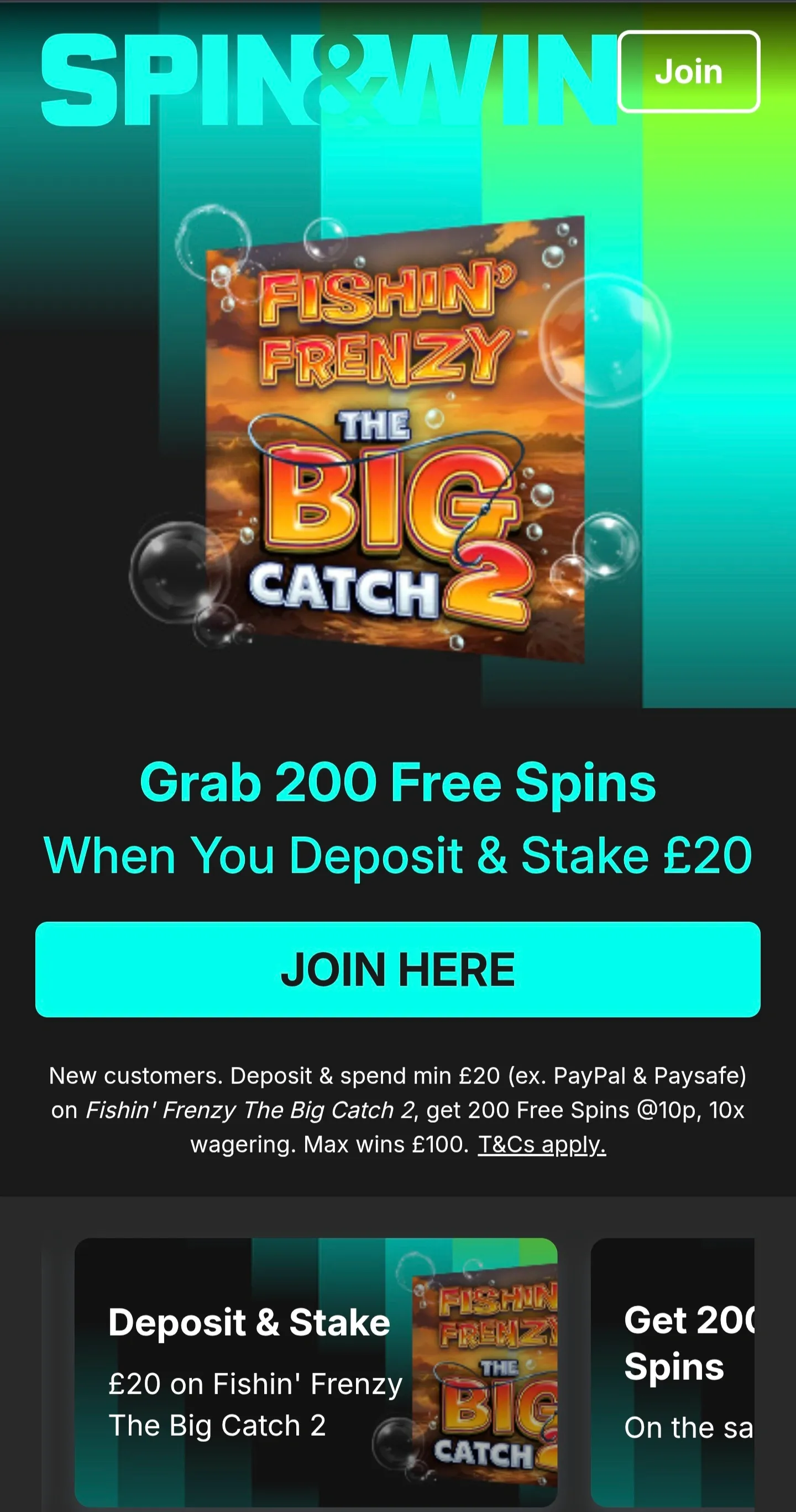 Spin and win casino welcome offer: Get 200 free spins when you deposit £20
