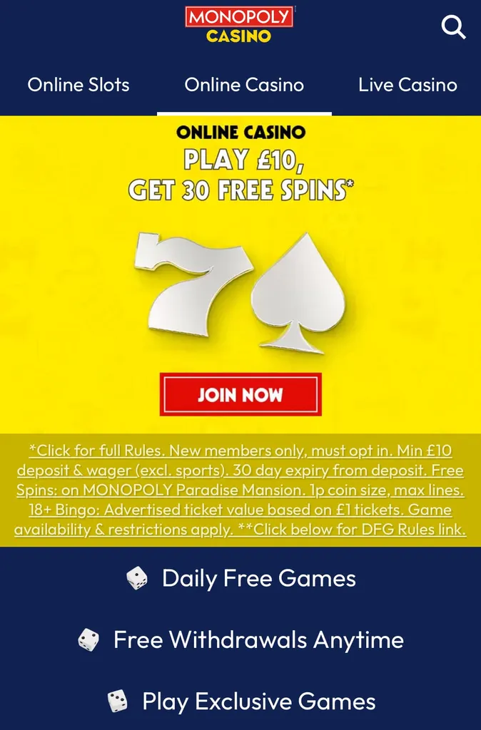 Monopoly Casino UK bonus