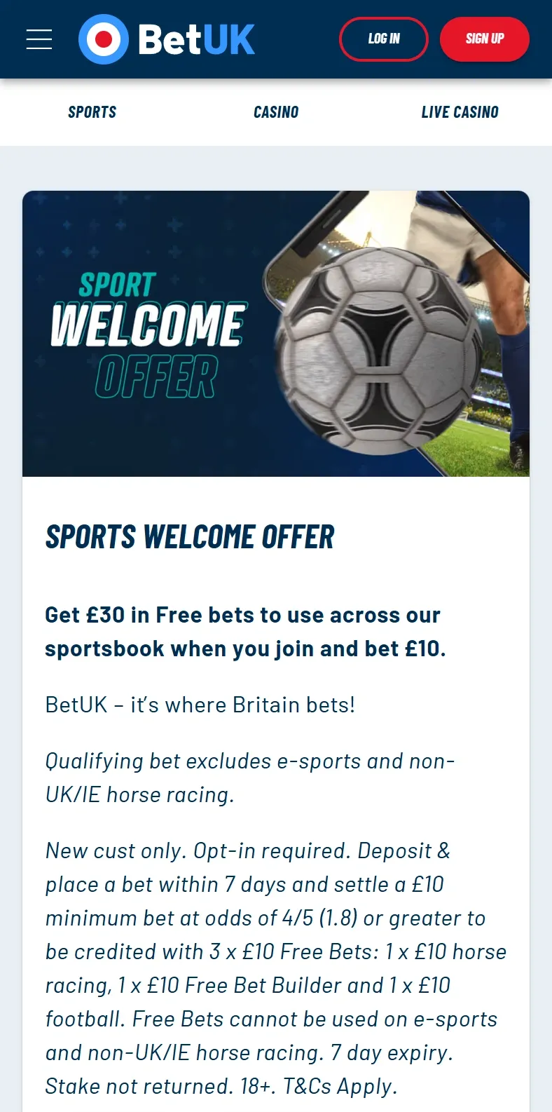 BetUK sports welcome offer, mobile screenshot