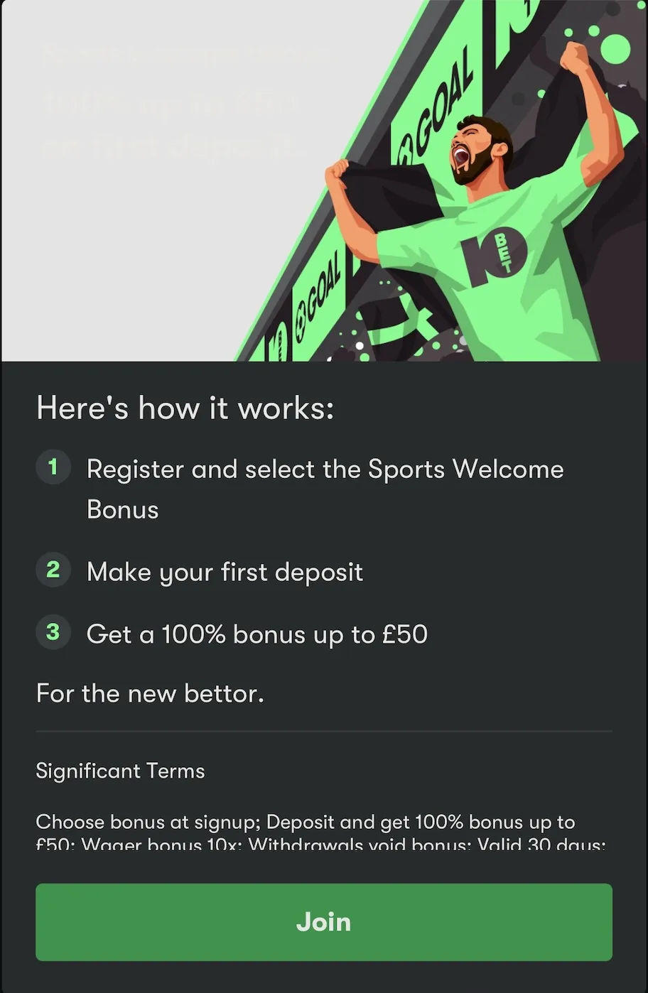 10bet deposit match bonus sign up page