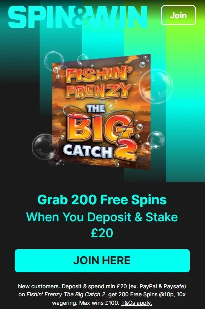 Spin and win casino welcome offer: Get 200 free spins when you deposit £20