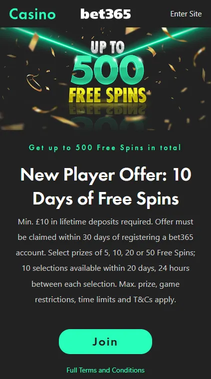 bet365 casino new player offer of 500 free spins over 20 days