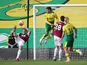 Burnley's Chris Wood scores against Norwich City on July 18, 2020