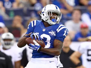 Colts' TY Hilton receives a pass against Oakland on September 8, 2013