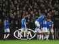 Rangers' Alfredo Morelos celebrates scoring their second goal with teammates on November 28, 2019