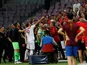 Turkey's Cenk Tosun gestures after being sent off in the friendly against Tunisia on June 1, 2018